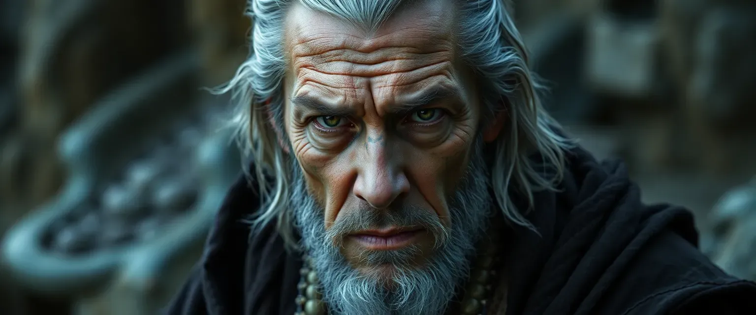 Middle-aged man with gray-streaked hair, scarred face, amber eyes, wearing a dark, tattered robe.