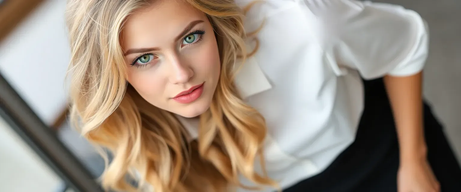 Young woman, 26, wavy blonde hair, green eyes, white eyeshadow, pink lips, hourglass figure, white blouse, black pencil skirt.