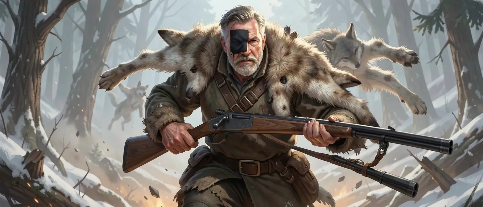 Middle-aged Russian hunter with rugged build, wolf pelts, rifle, and a square dark censor patch covering his gunshot-wounded face.