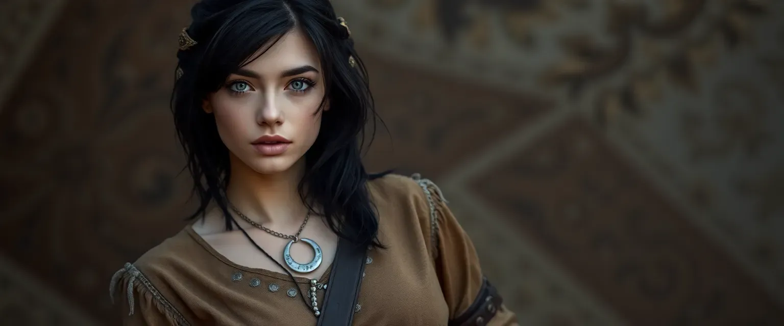 Young woman with dark hair and silver eyes, wearing a silver-threaded tunic and leather boots, with a crescent moon pendant.