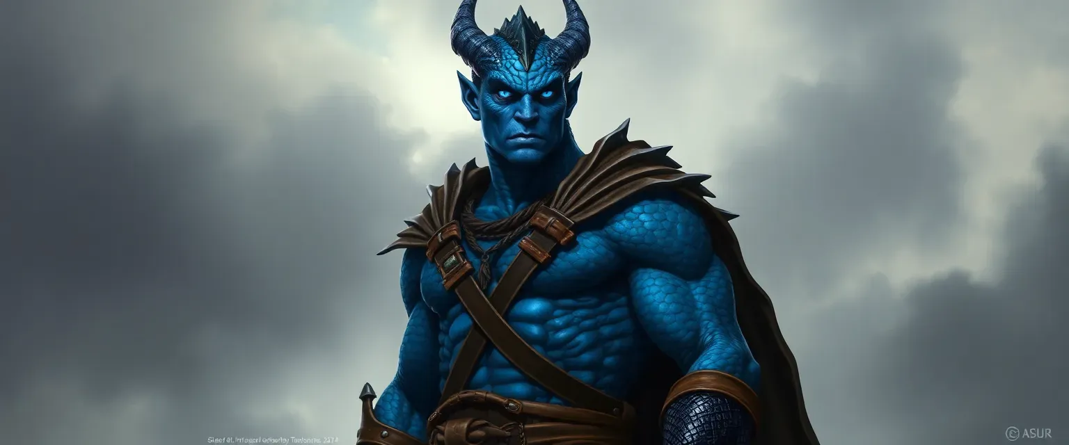 Tall Blue Dragonborn barbarian, muscular, stormy blue scales, electric blue eyes, leather harness, tribal cloak.