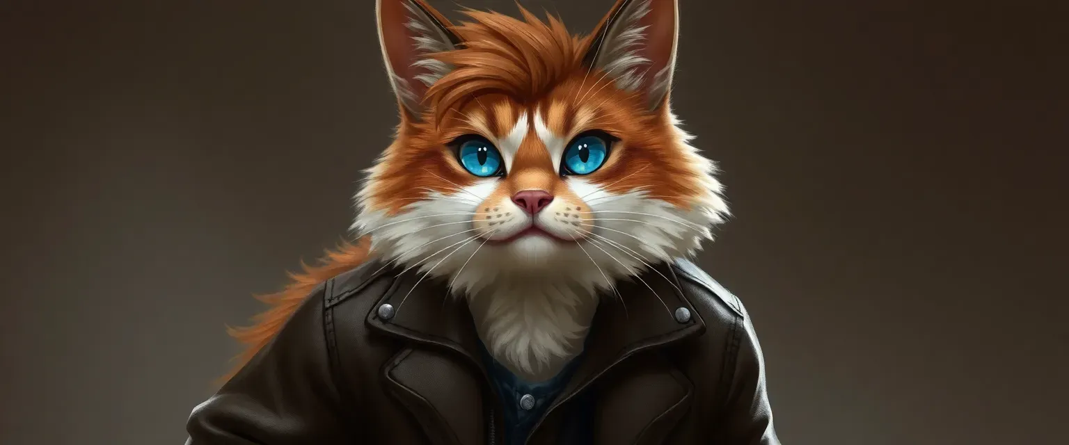 23-year-old anthropomorphic cat, brown and white fur, shaggy brown hair, blue eyes, wearing a leather jacket and jeans.