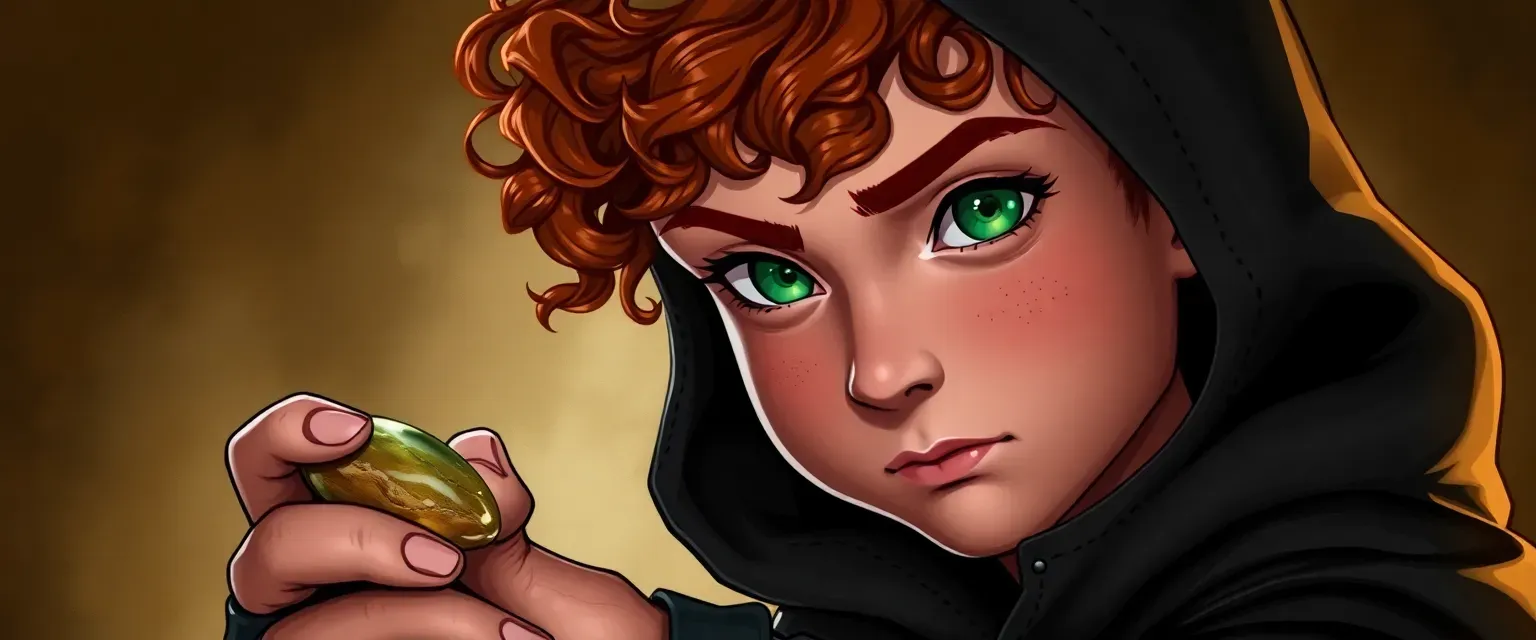 Young lightfoot halfling rogue, 24, with curly chestnut hair, green eyes, freckled face, wearing dark leather armor and hooded cloak, sly expression, rolling an agate in his fingers.