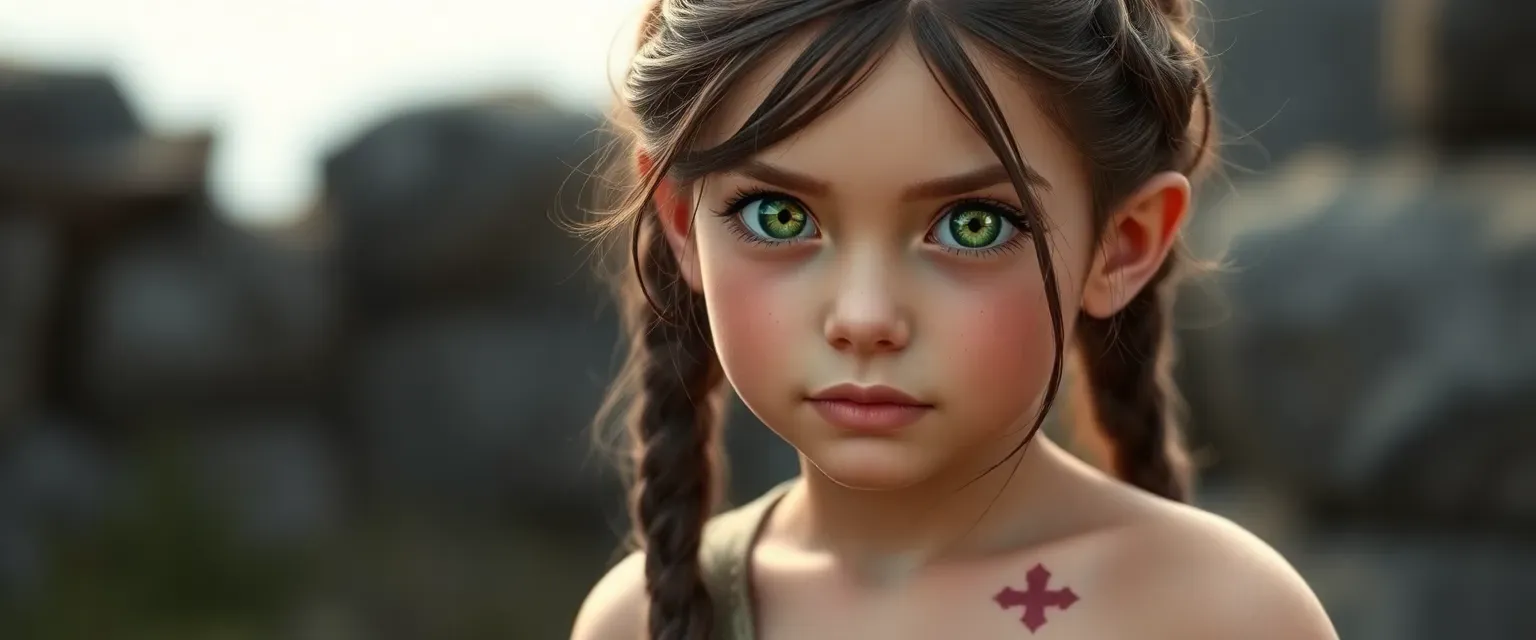 9-year-old girl with dark brown braided hair, striking green eyes, pale skin, and a mysterious scar on her stomach.