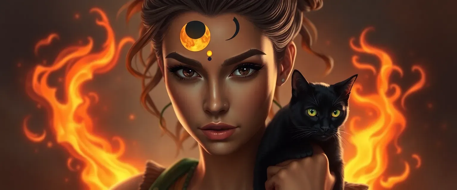 24-year-old mixed-race woman, psychic with fire powers, moon birthmark on forehead, brown eyes, black cat on shoulder.