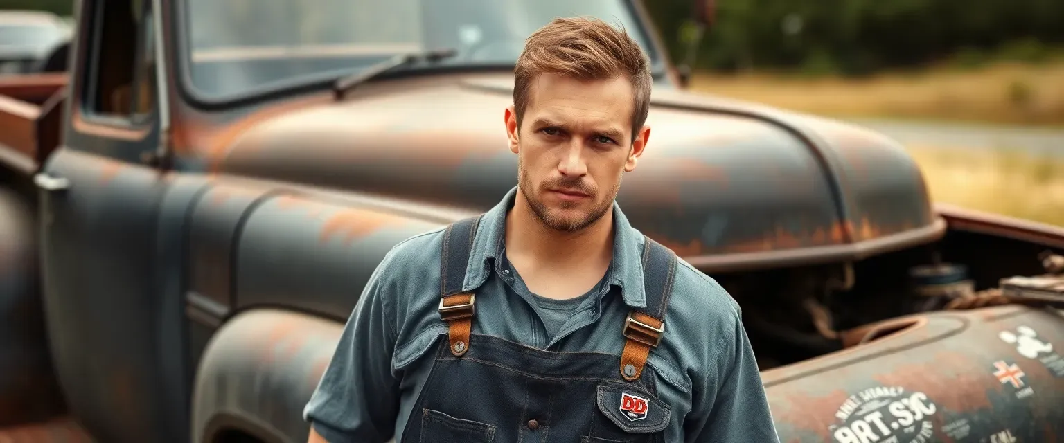 Early 30s man with a determined look, wearing mechanic's overalls, standing beside an old pickup truck.