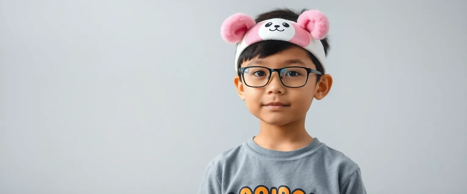 A cute Chinese-Sudanese boy named JingJing, aged 14, mute due to lack of vocal cords. Wears glasses and an Aquapets t-shirt with a branded headband featuring Puku's fluffy pink ears that wiggle.