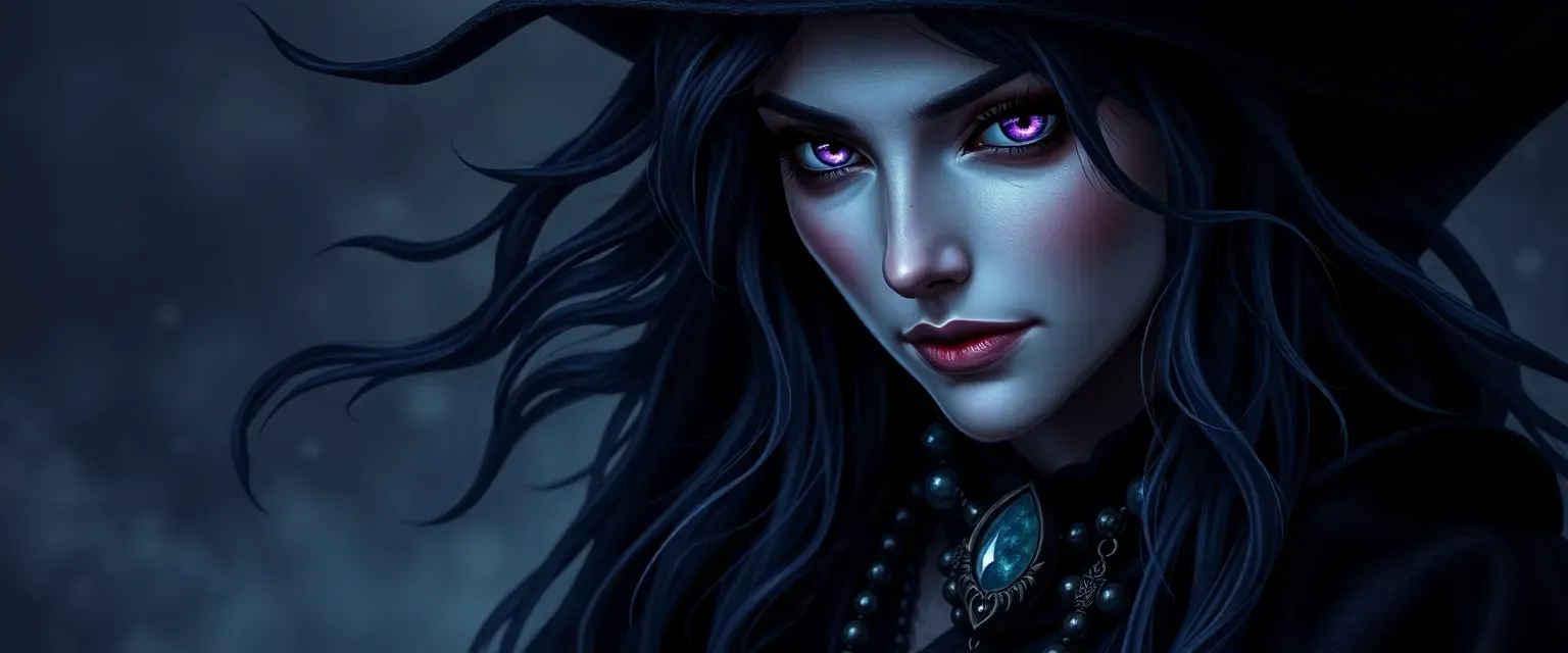 A dark witch with raven hair and silver threads, violet eyes, in night-black robes with arcane symbols, wearing an obsidian and moonstone necklace.