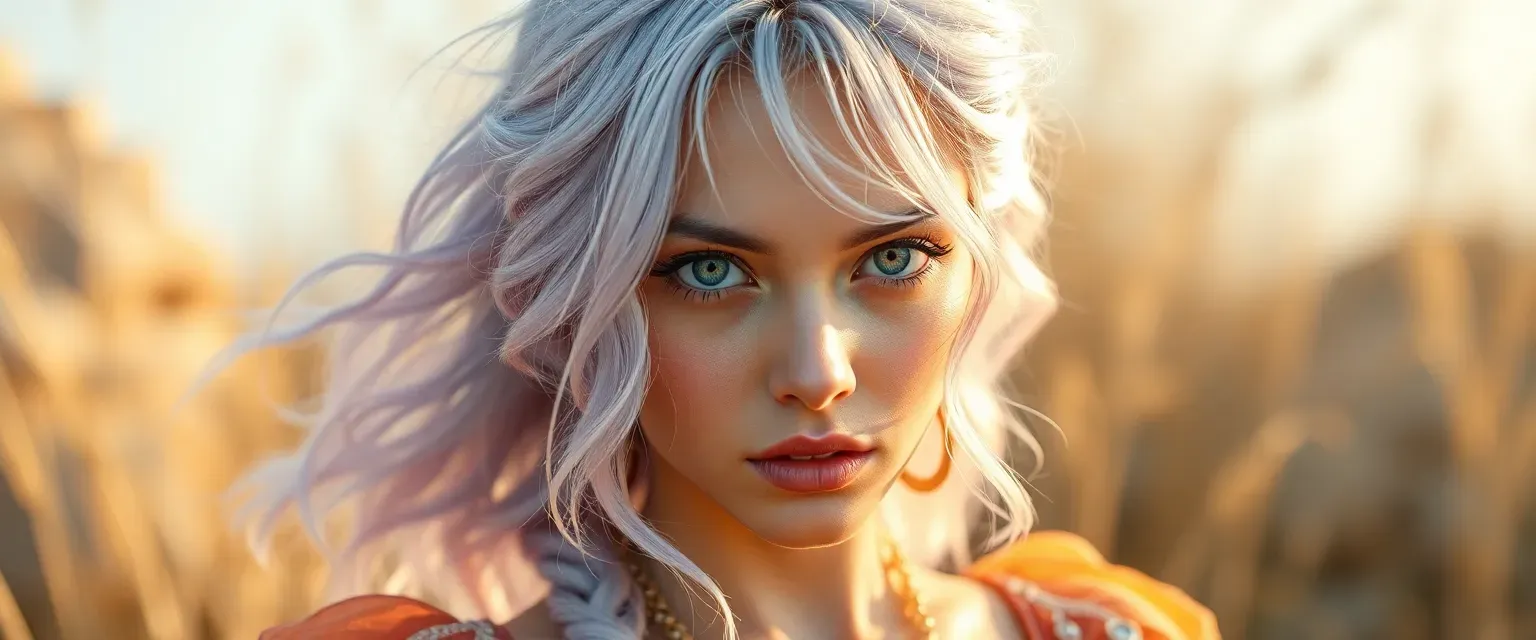 19-year-old Naida with pastel lavender hair, sharp face, fierce grey eyes, sun-kissed skin, in flowing dresses with golden threads.