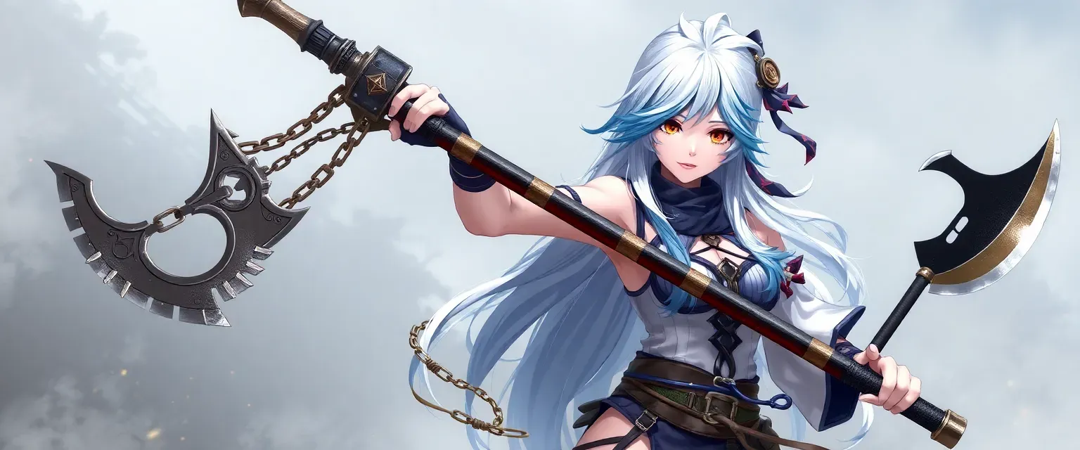 Tall woman with white and deep blue hair, brown and light blue eyes, wielding a Nichirin Chained Spiked Flail and Axe.