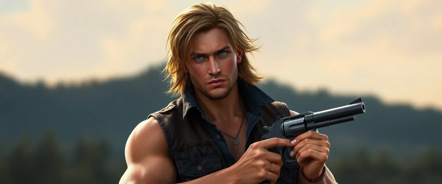 Tall, muscular man with sun-bleached brown hair and piercing blue eyes, wearing a leather vest and denim, armed with a revolver.