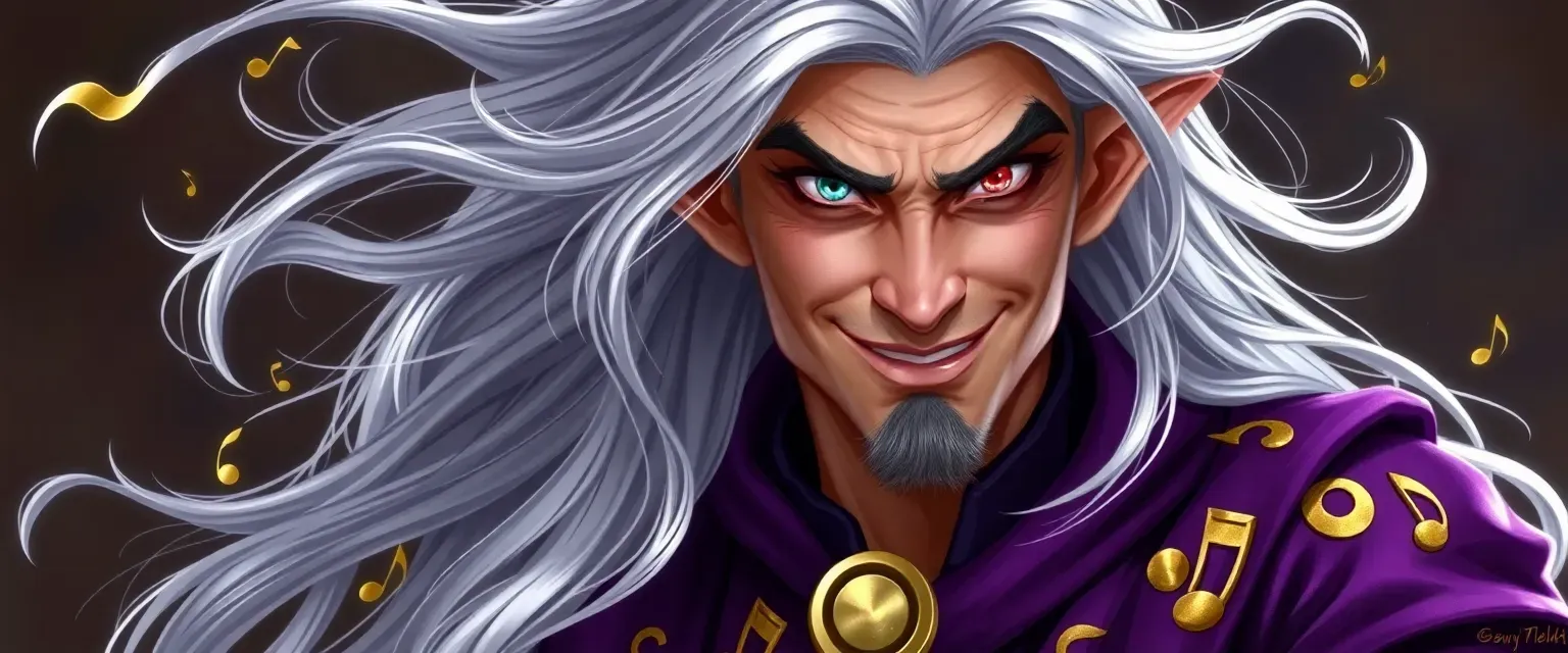 A charismatic half-elf bard with flowing silver hair, wearing flamboyant purple robes adorned with golden musical notes. His mismatched eyes and crooked smile hint at his deceptive nature.