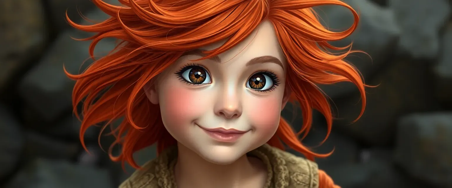 9-year-old girl with wild orange hair and brown eyes, hyperactive and fun-loving.