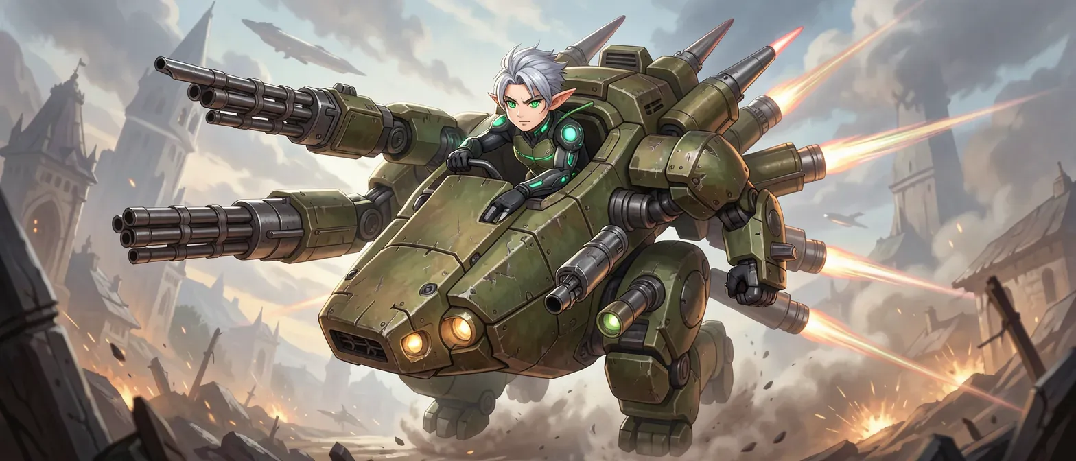 Young elf male with silver-streaked hair, emerald eyes, in neural suit, piloting rhino mecha with gatling arms, blade, shield, rockets and jetpack.
