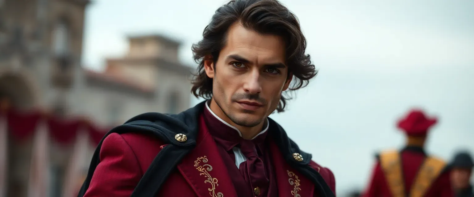 A man in his late 30s with dark, wavy hair and crimson eyes, wearing a burgundy suit with gold embroidery and a black cloak.