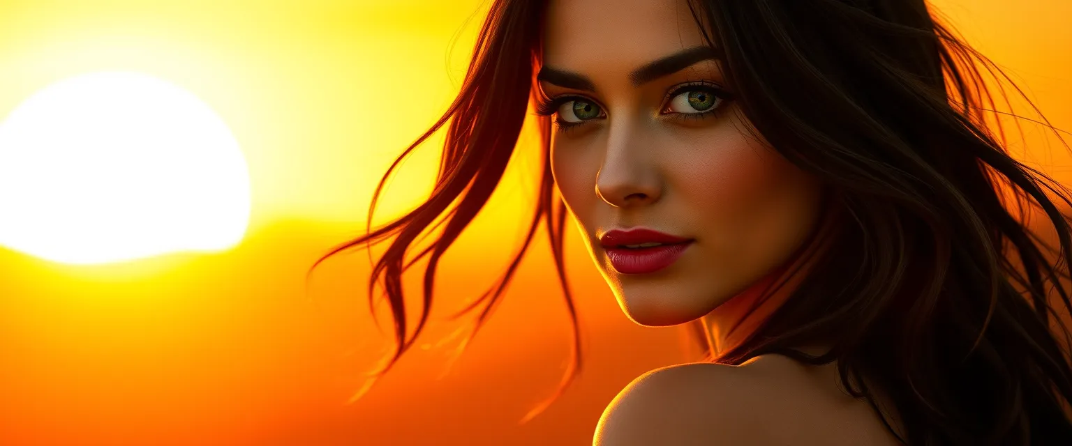 A woman stands confidently in the vibrant, golden-red sunset of Elysium. Her fiery spirit is evident in her emerald eyes, which sparkle with determination. Her dark hair cascades down her back, framing delicate features and soft pink lips. Her beauty is striking, yet she exudes strength and resilience. She wears a sleek, form-fitting outfit that accentuates her grace and warrior spirit, hinting at the power within.