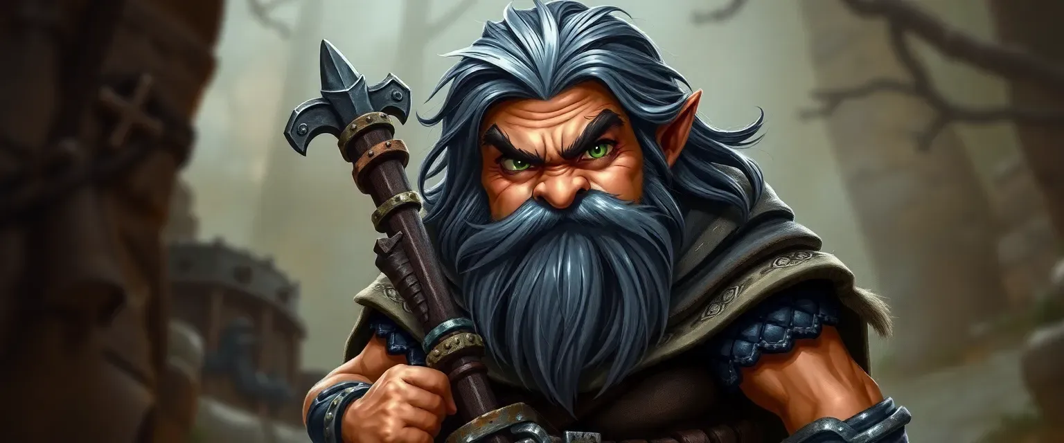 Sturdy dwarf ranger, 4 feet tall, tanned skin, dark brown hair with gray streaks, piercing green eyes, wearing practical leather and chainmail, with a cloak and sturdy boots.