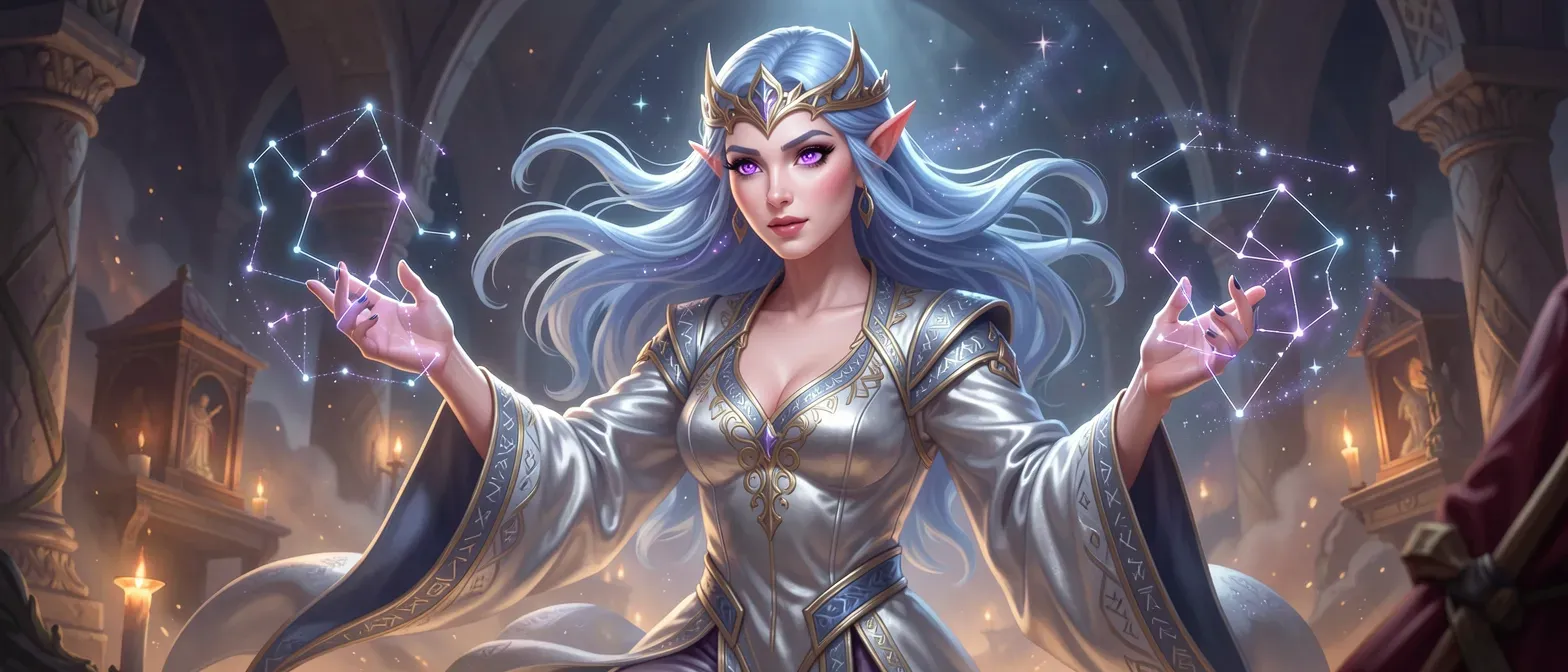 Beautiful silver-skinned astral elf princess with starlight-blue hair, amethyst eyes, wearing rune-embroidered silk robes, tracing constellations on her palms.