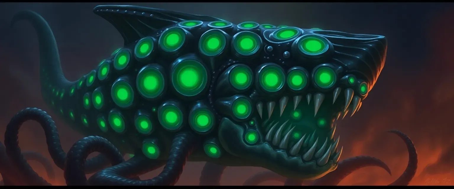 Giant kraken-shark hybrid with 42 glowing green eyes, obsidian scales, and numerous tentacles.