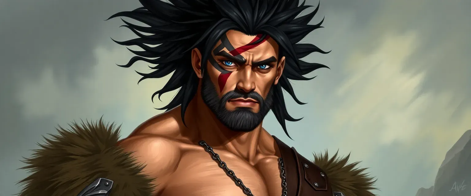 Tall, muscular barbarian with wild black hair, blue eyes, and a scar across his face, wearing fur and leather armor.