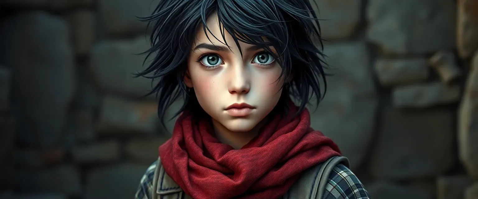 Seventeen-year-old street urchin with unruly black hair, piercing gray eyes, wearing a patchwork of stolen clothes and a faded red scarf.