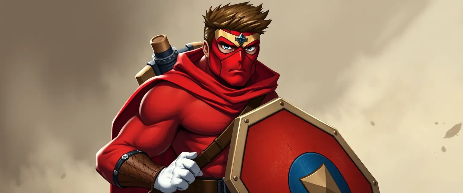 A short, muscular man in red and blue attire, wearing a mask with 'Mairo' written on it, and white gloves, carrying a shield of red, brown, and blue.