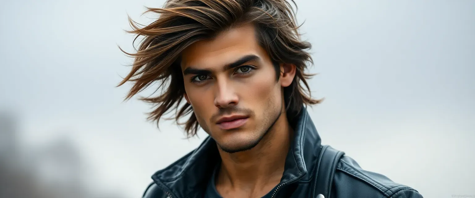24-year-old man with windswept espresso hair, deep brown almond eyes, strong jawline, wearing a leather jacket and jeans.