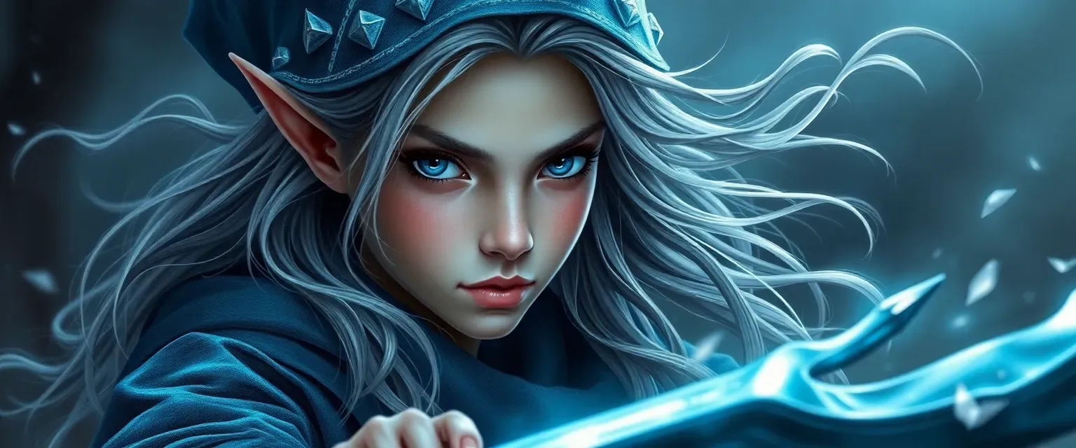 Young elf wizard with twilight eyes, flowing hair, and shifting robes of blue and silver.