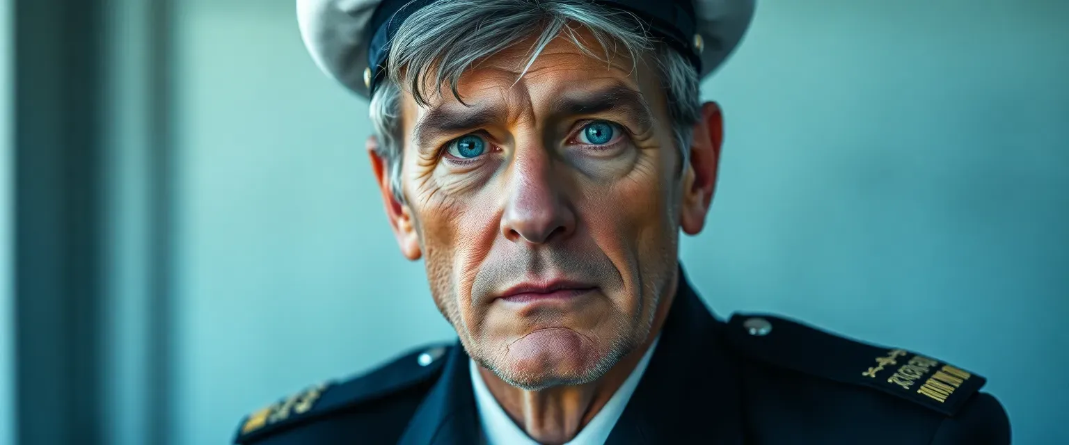 A weathered naval officer in his late forties with gray-streaked hair and piercing blue eyes, wearing a decorated uniform.