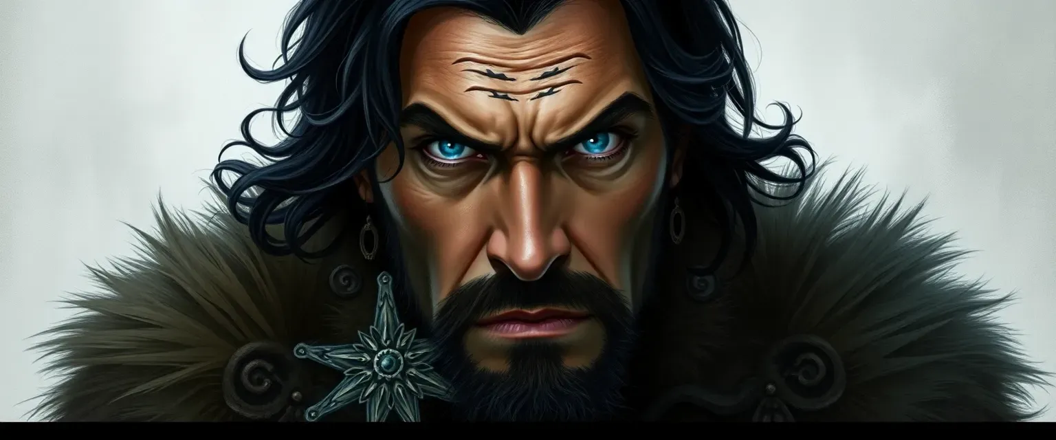 Tall, imposing man in his 40s with dark, wavy hair and piercing blue eyes, wearing leathers and furs with tribal symbols.