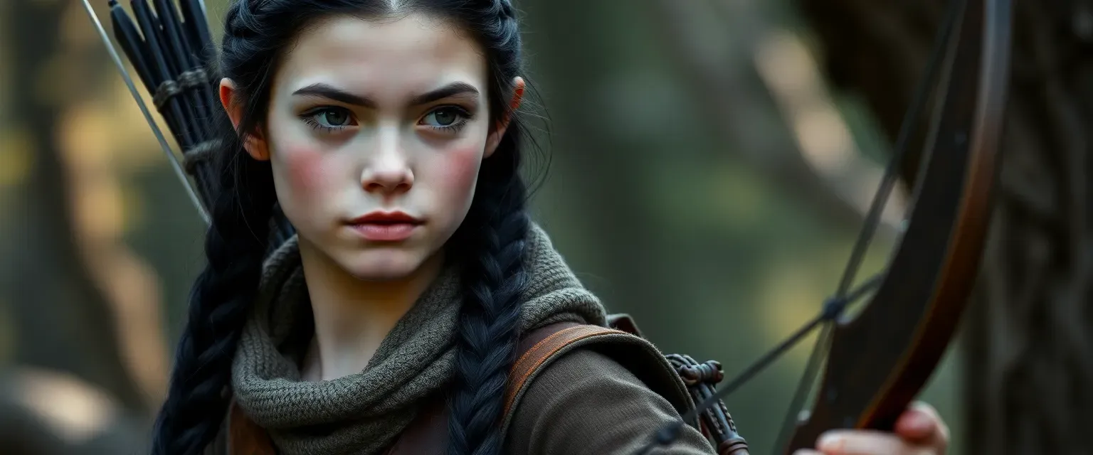 Teenage girl with long dark braids, pale skin, dressed in hunter's attire, carrying a bow.