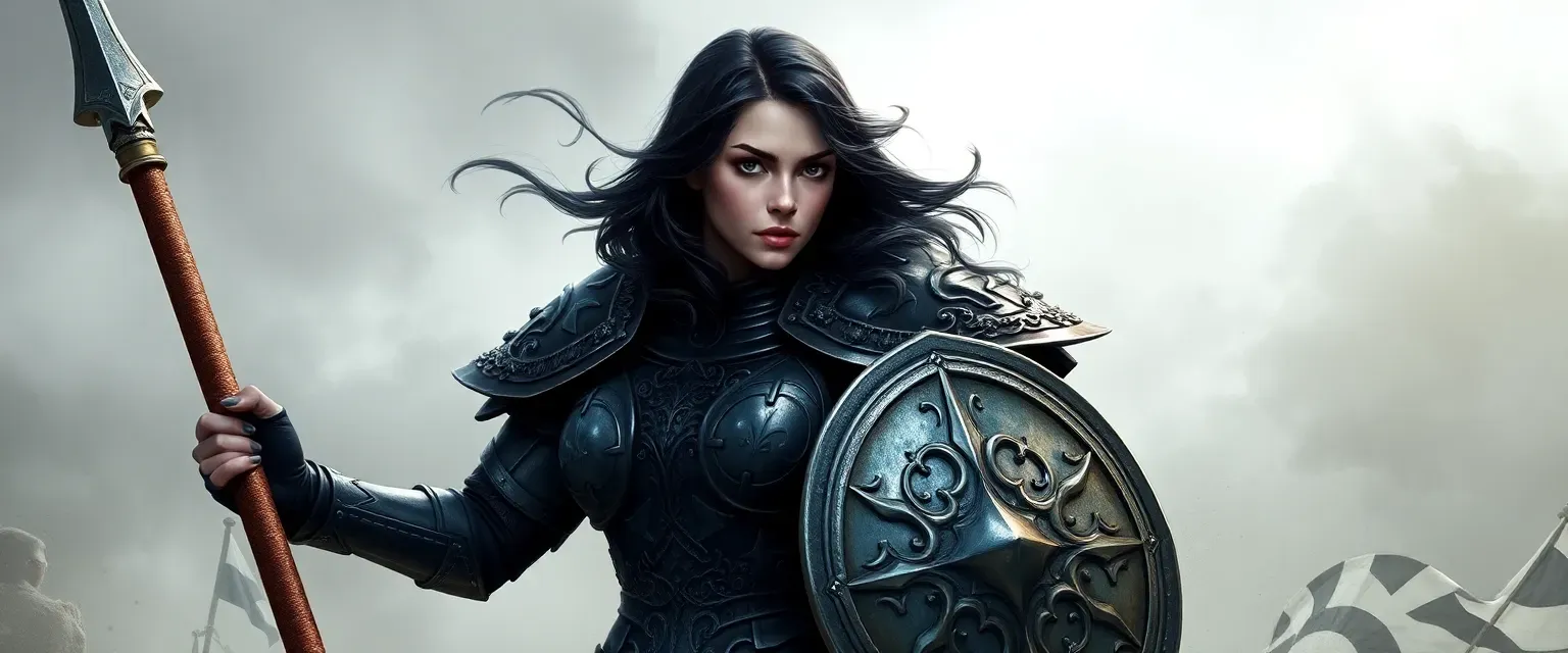28-year-old female paladin in ornate gothic armor, wielding a polearm, with raven black hair and a resolute expression.