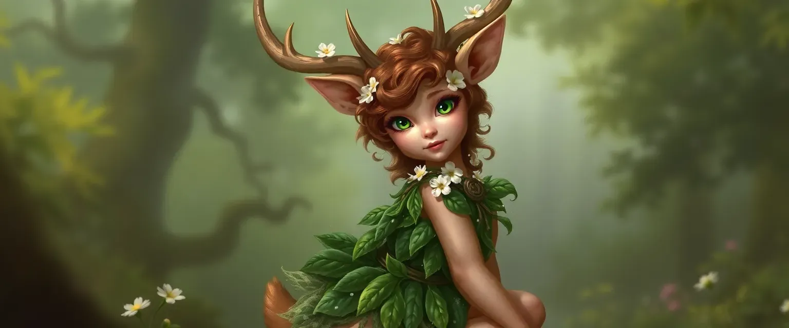 Young faun with deer legs, wearing a leaf tunic, chestnut curls with wildflowers, green eyes.