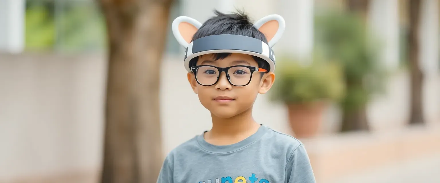 A 14-year-old mute Chinese-Sudanese boy named JingJing wears glasses and an Aquapets T-shirt. He uses a special headband with Puku’s ears that translates lip movements into sound.