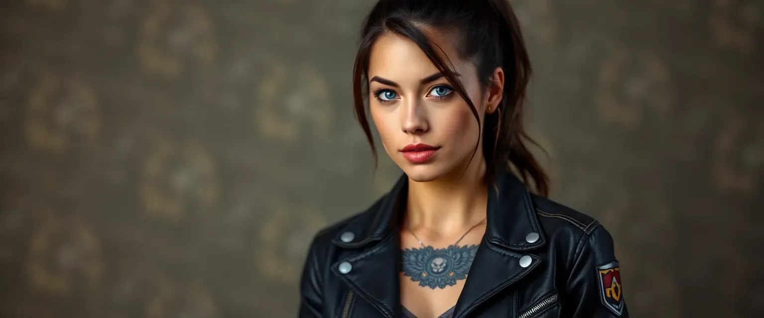 Mid-20s woman with tanned skin, dark brown hair in a ponytail, blue eyes, tattoos, wearing a leather jacket with patches, faded jeans, and boots.