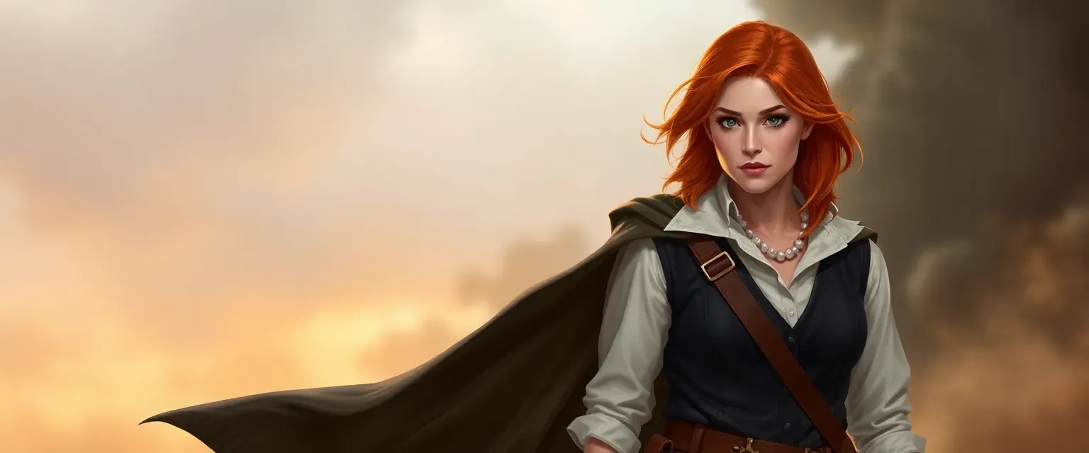 Auburn-haired woman in her 30s, wearing a white shirt, dark vest, and breeches, with a cloak and medical bag.
