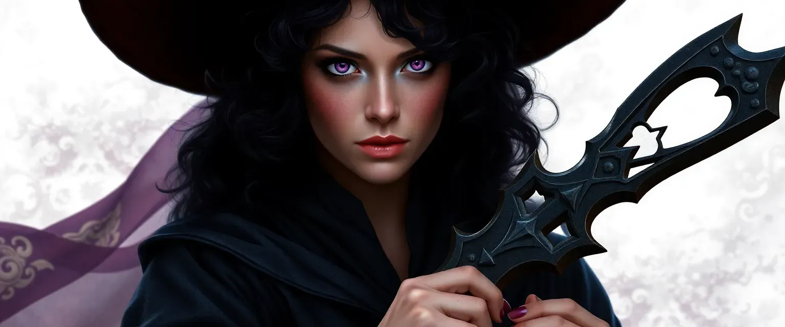 Mid-thirties woman with dark curls, violet eyes, wearing dark, mystical warlock robes, holding a Hexblade.