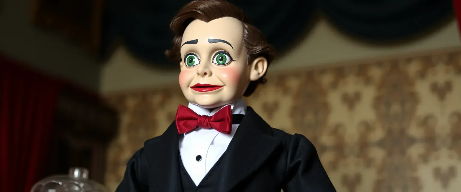 A living ventriloquist dummy from 1879, dressed in a black tux suit and vest with a red bow tie. He has brown hair and green eyes that seem to follow your every move.