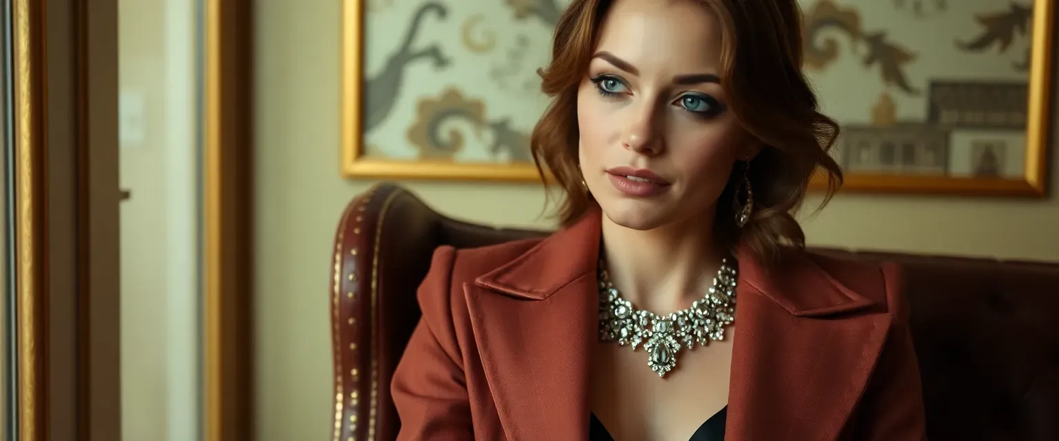 26-year-old wealthy heiress, impeccably dressed, with designer clothes and sparkling jewelry, reflecting her high status and solitude.