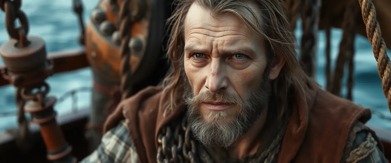 Mid-twenties Slavic man, prematurely aged with scars, in tattered rags, chained aboard a ship.