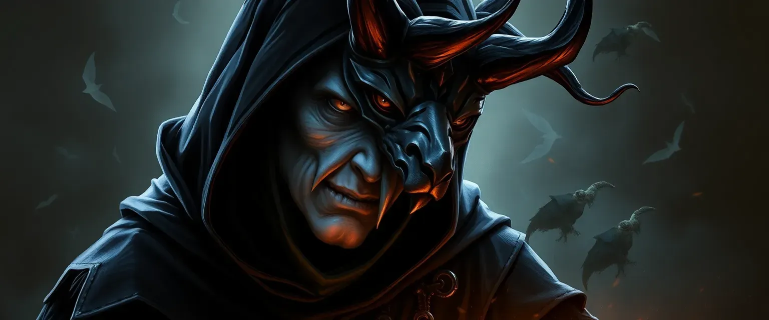 Gaunt man with pale skin, dark robes, and a jackal mask, embodying death.