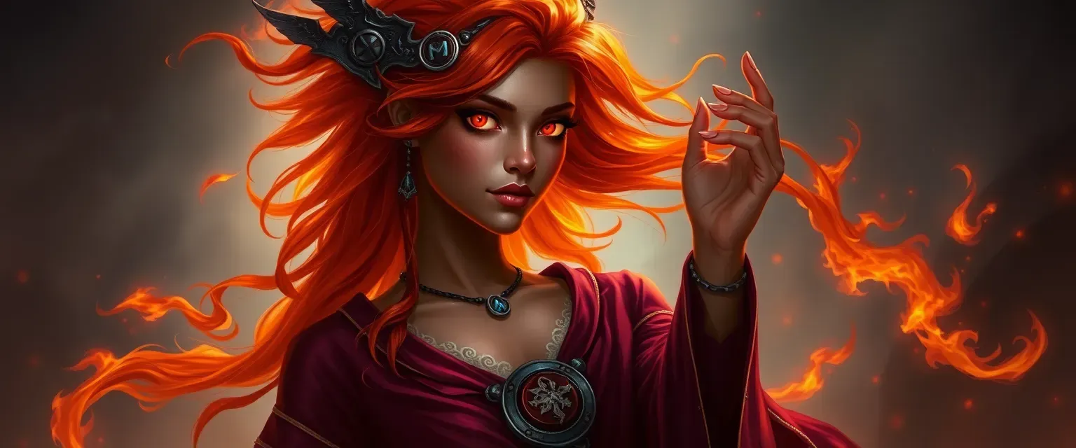 A 25-year-old female fire genasi druid, 5ft 2in tall, with mood-shifting obsidian skin, flaming hair from orange to red, glowing eyes; wears elegant burgundy silk robes with druidic runes and iron circlet.
