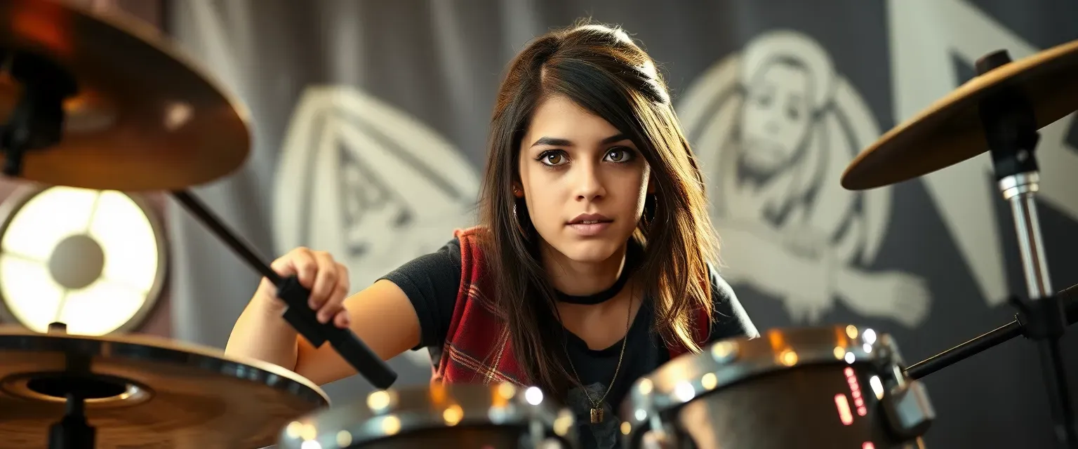 Late teen girl, Puerto Rican, chocolate brown hair, amber eyes, punk band drummer.