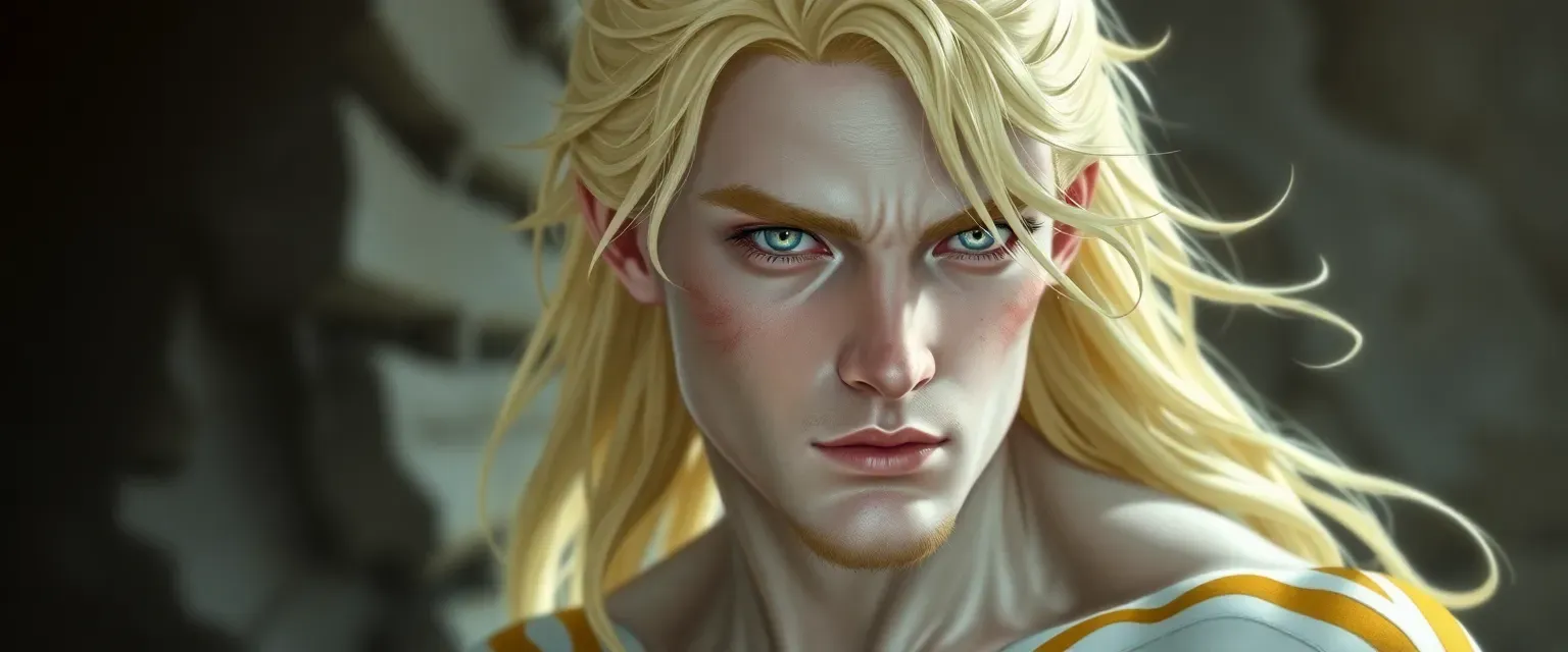 Pale yellow-haired Aasimar man with almost white skin, shining grey eyes, and golden body markings.