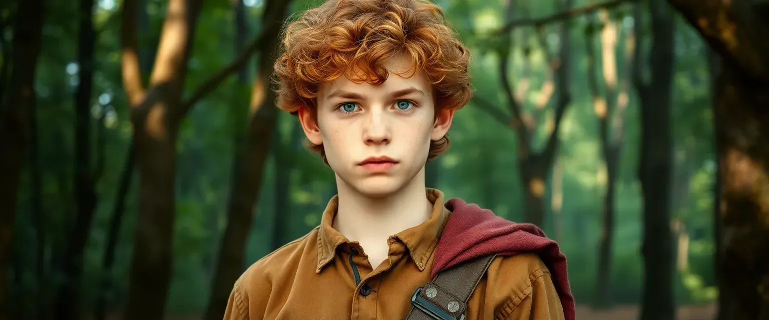 17-year-old boy with curly red-blond hair, pale freckled skin, wearing earth-toned shirt, worn trousers, and a brown cloak in a magical forest.