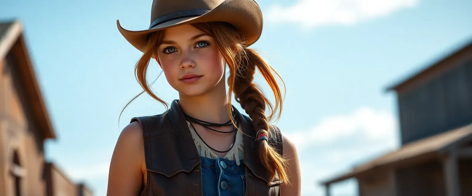 Young cowgirl with sun-kissed skin, wearing a Stetson, denim jeans, and a leather vest, with chestnut hair in a ponytail.