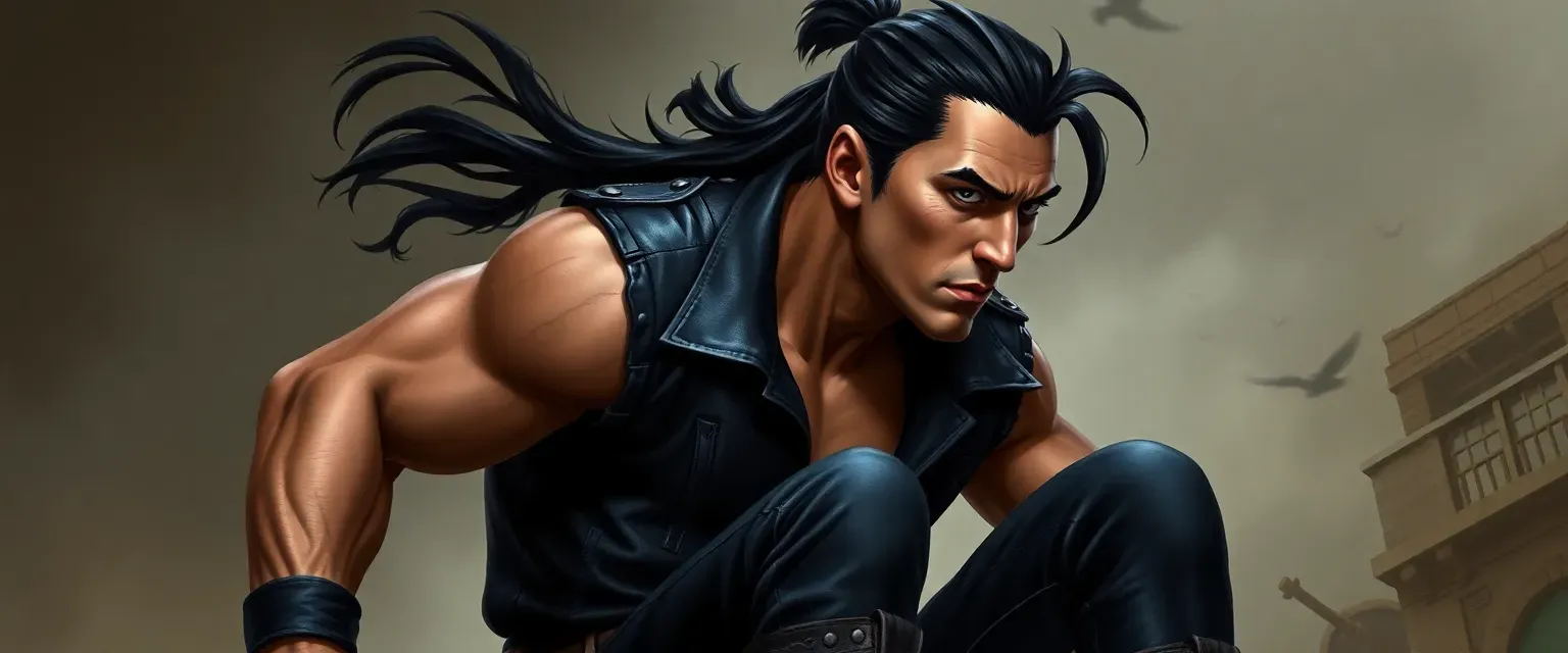 Mid-thirties, lean, muscular, olive skin with scars, black ponytail, dark leather jacket, black trousers, sturdy boots.