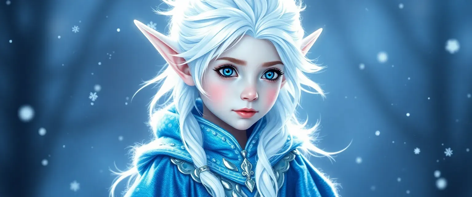 Young Snowfire Elf with shimmering white hair, sapphire eyes, wearing an icy blue and silver robe, and frost lynx boots.