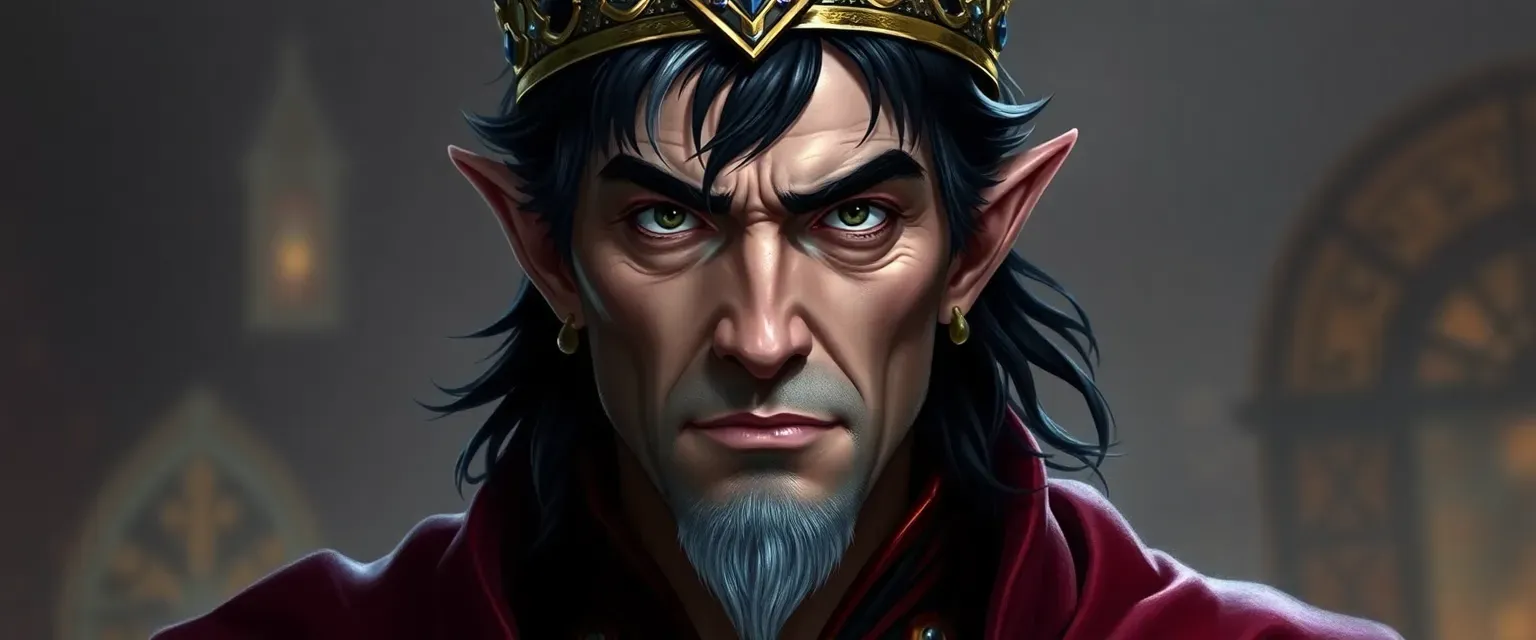 A 50-year-old man with sharp features, dark hair with silver streaks, wearing a crown and dark red and gold attire, with a sinister aura and pointed ears.