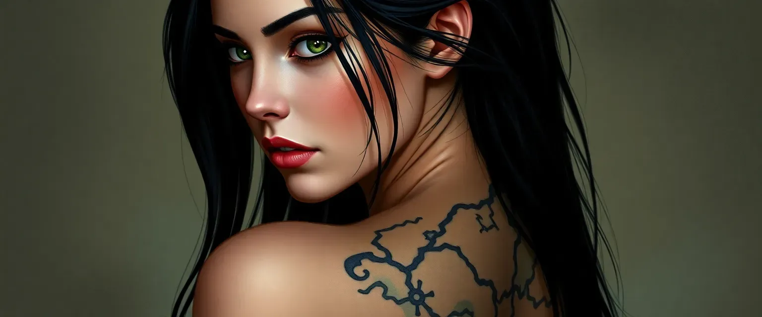 Young woman with long black hair, green eyes, pale skin, slender yet strong build, and a unique map tattoo on her lower back.